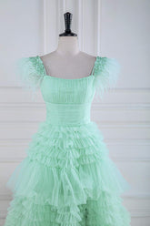 Cold Shoulder Feathers Mint Green Layered Tulle Prom Dress